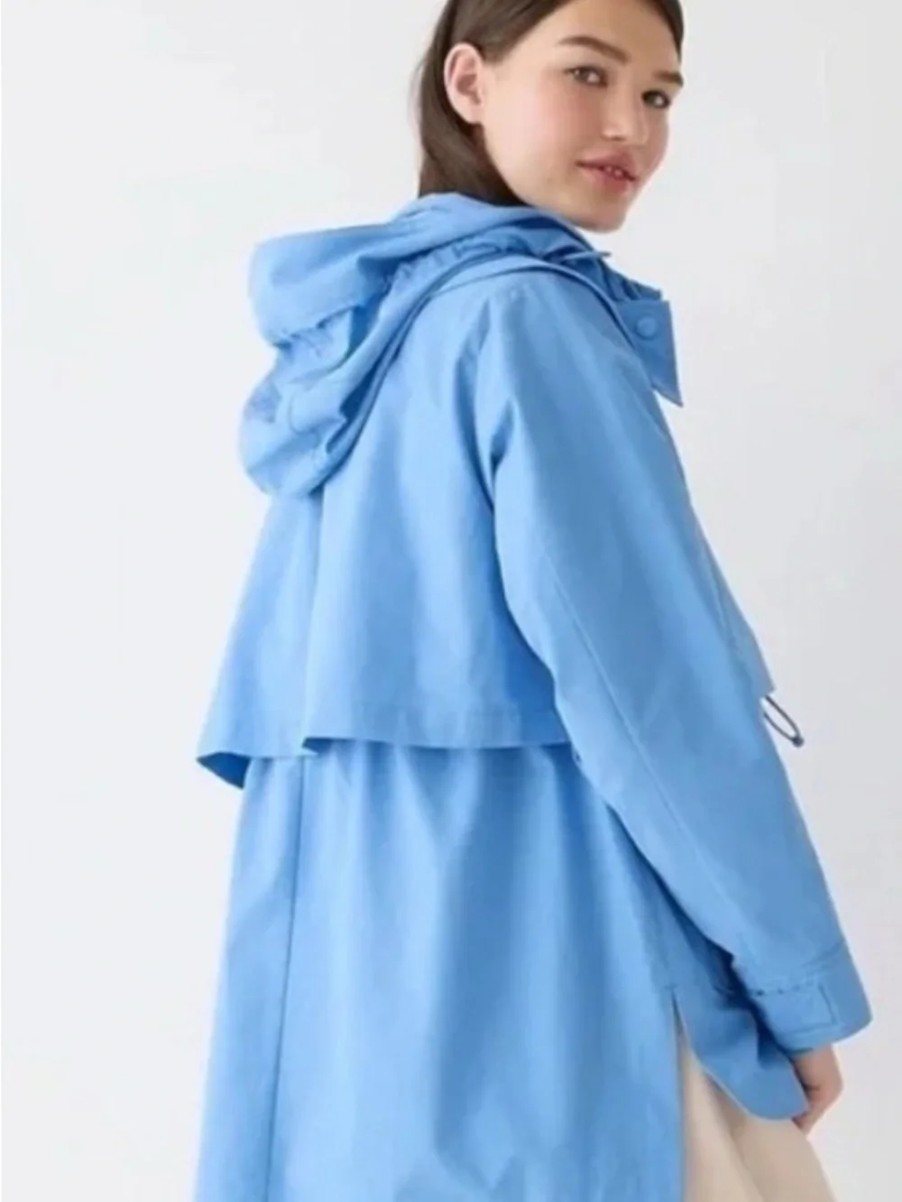 J.Crew Re-Imagined Women’s Blue Hooded Rain Coat Snap/Zip Mid-Length M